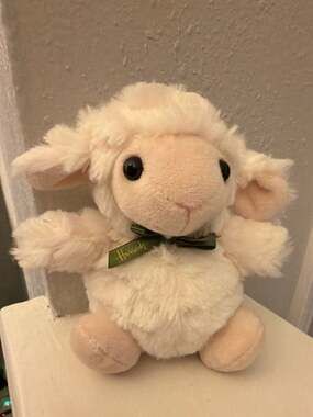 Harrods Cream Plush Lamb Stuffed Animal with Green Logo Ribbon